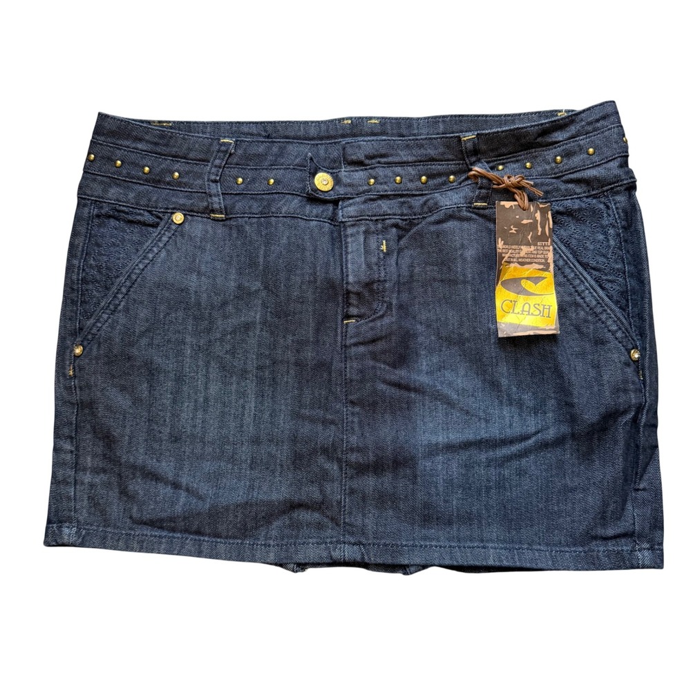 Clash Dark Blue Denim‎ Gold Studded Mini Skirt, XL